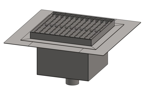 Inoks podni sifon s rešetkom dimenzija 250mm x 250mm x 176mm Ø50mm okomito POGODAN ZA PRELAZAK VOZILOM PROTUKLIZAN s PRIRUBNICOM za HIDROIZOLACIJU