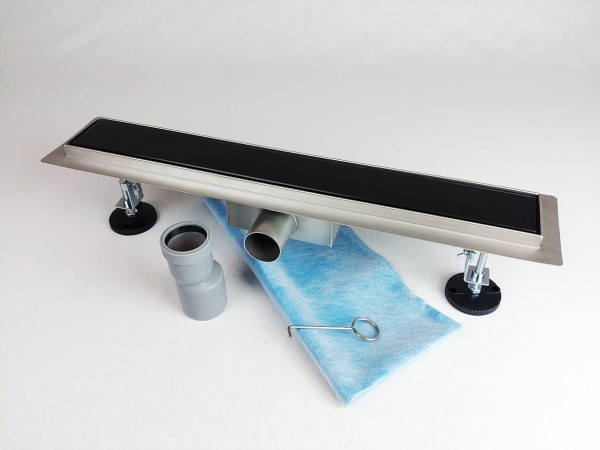 Kanalica za tuš s CRNIM KALJENIM STAKLENIM poklopcem, dimenzija: 800(d) x 70(š) x 70(v) mm INOKS