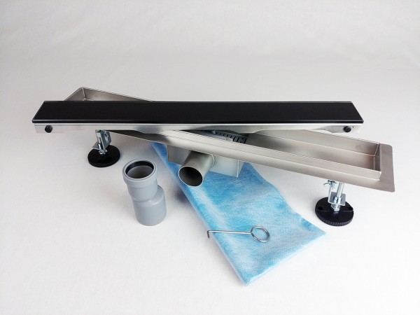 Kanalica za tuš s CRNIM KALJENIM STAKLENIM poklopcem, dimenzija: 800(d) x 70(š) x 70(v) mm INOKS