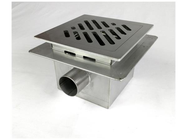 Talni sifon komplet s čelno ploščo debeline 5mm s PERFORIRANIM VZORCEM (AVTOPOVOZNO) in prirobnico za hidroizolacijo 250x250x150mm INOX Ø50mm horizontalno