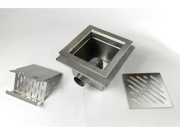 Talni sifon komplet s čelno ploščo debeline 5mm s PERFORIRANIM VZORCEM (AVTOPOVOZNO) in prirobnico za hidroizolacijo 250x250x150mm INOX Ø50mm horizontalno