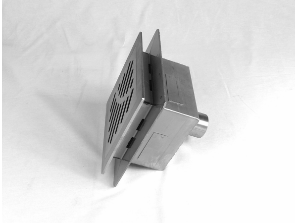 Talni sifon komplet s čelno ploščo debeline 5mm s PERFORIRANIM VZORCEM (AVTOPOVOZNO) in prirobnico za hidroizolacijo 200x200x121mm INOX Ø50mm vertikalno